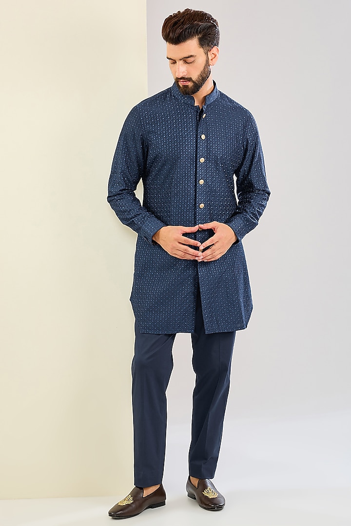 Cobalt Blue Chanderi Front-Open Style Kurta Set by ARJAN DUGAL at Pernia's Pop Up Shop