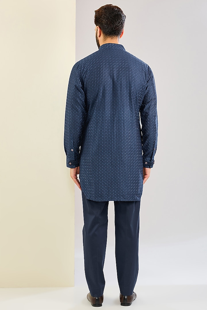 Cobalt Blue Chanderi Front-Open Style Kurta Set by ARJAN DUGAL at Pernia's Pop Up Shop