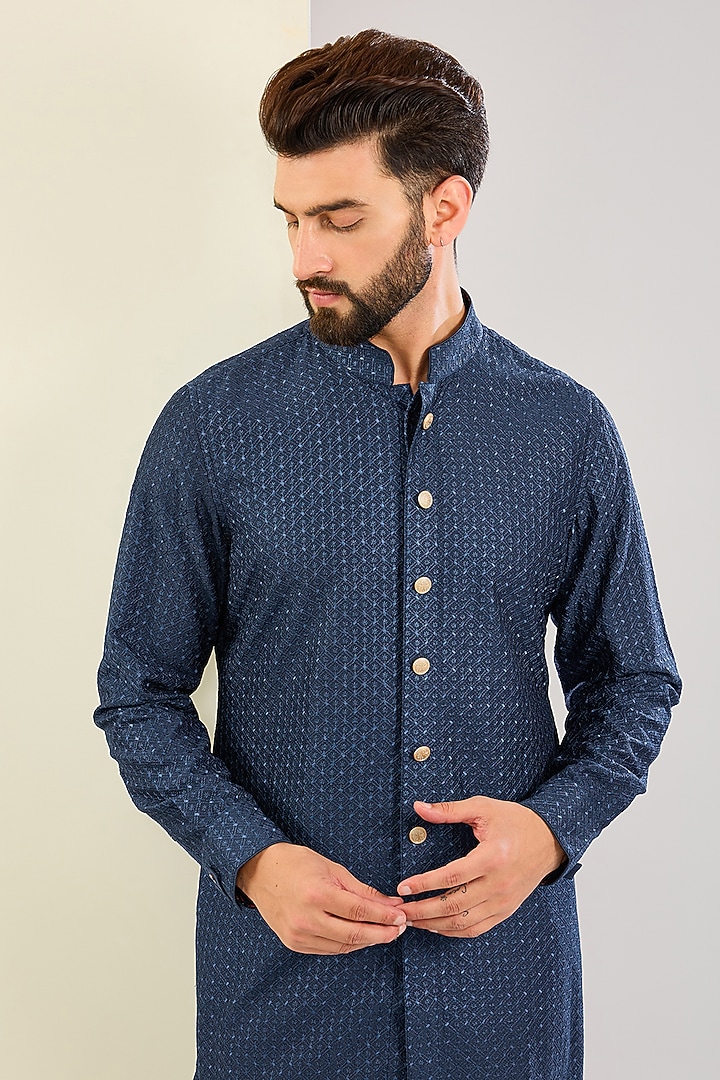Cobalt Blue Chanderi Front-Open Style Kurta Set by ARJAN DUGAL at Pernia's Pop Up Shop