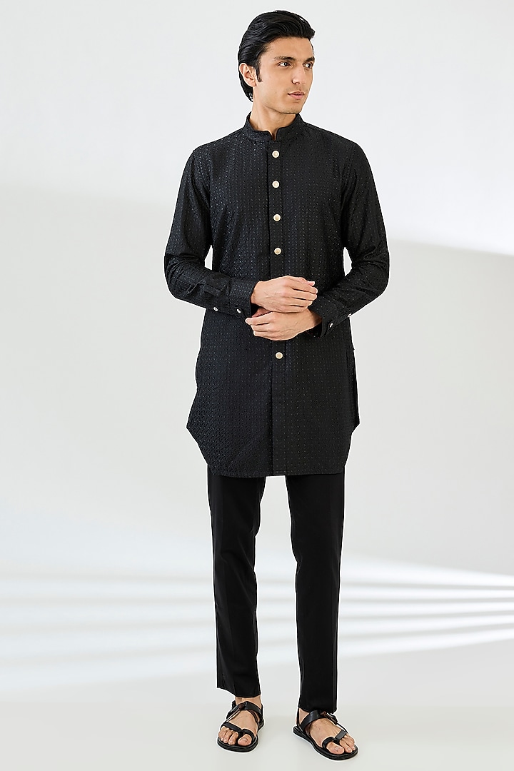 Black Chanderi Silk Motif Pattern Kurta Set by ARJAN DUGAL at Pernia's Pop Up Shop