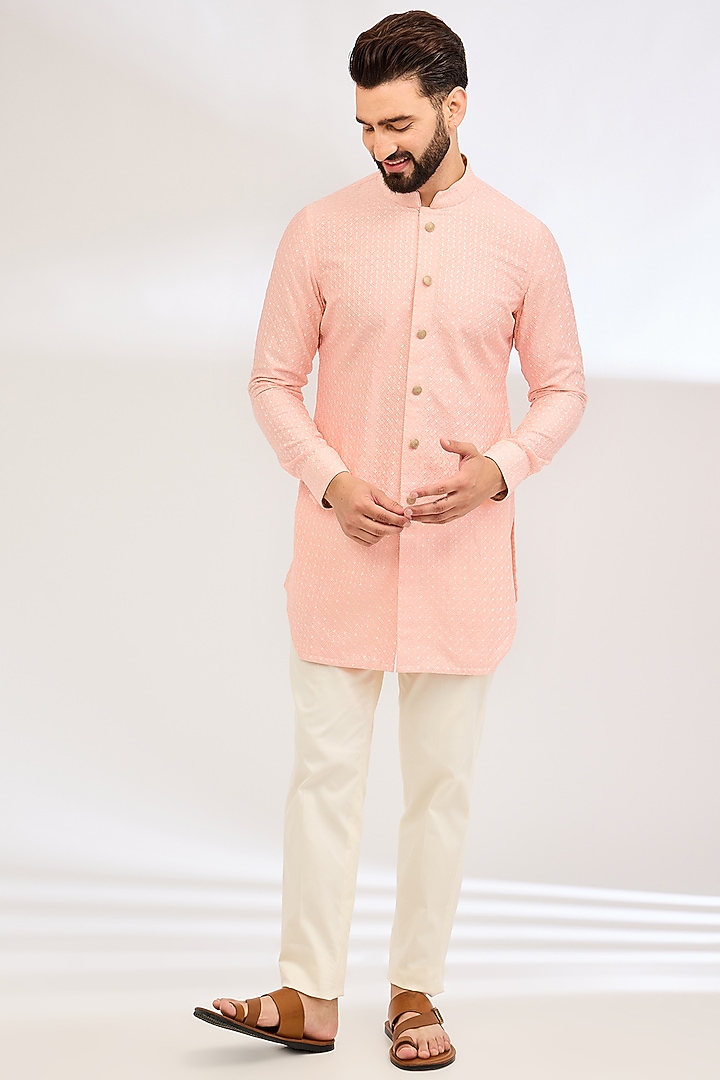 Powder Pink Chanderi Silk & Inara Viscose Printed Kurta Set by ARJAN DUGAL at Pernia's Pop Up Shop