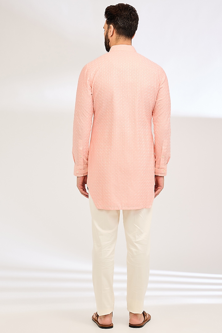 Powder Pink Chanderi Silk & Inara Viscose Printed Kurta Set by ARJAN DUGAL at Pernia's Pop Up Shop