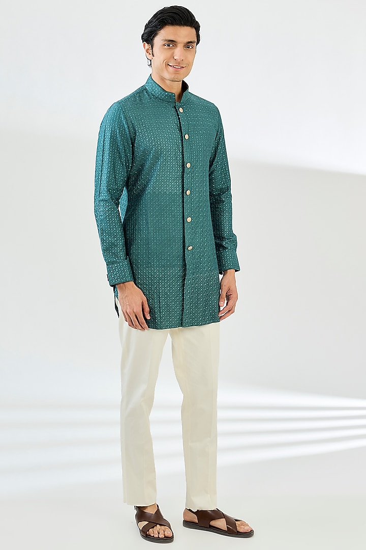 Turquoise Chanderi Silk Motif Pattern Kurta Set by ARJAN DUGAL at Pernia's Pop Up Shop