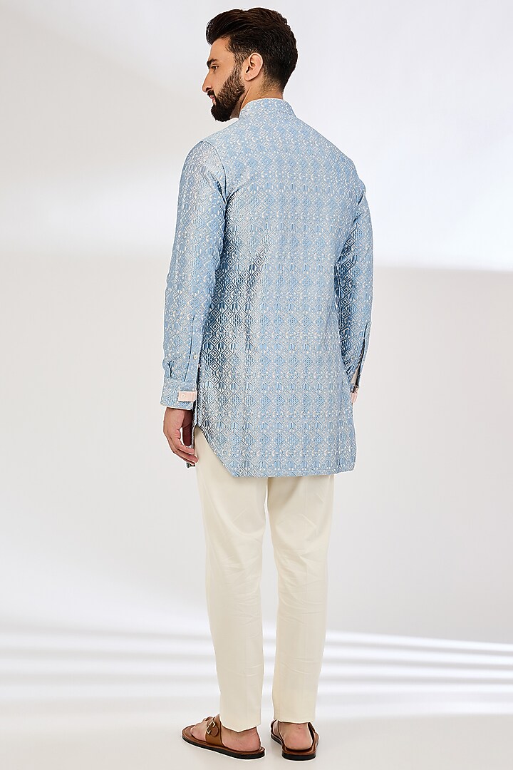 Powder Pink & Teal Chanderi Silk & Inara Viscose Printed Kurta Set by ARJAN DUGAL at Pernia's Pop Up Shop