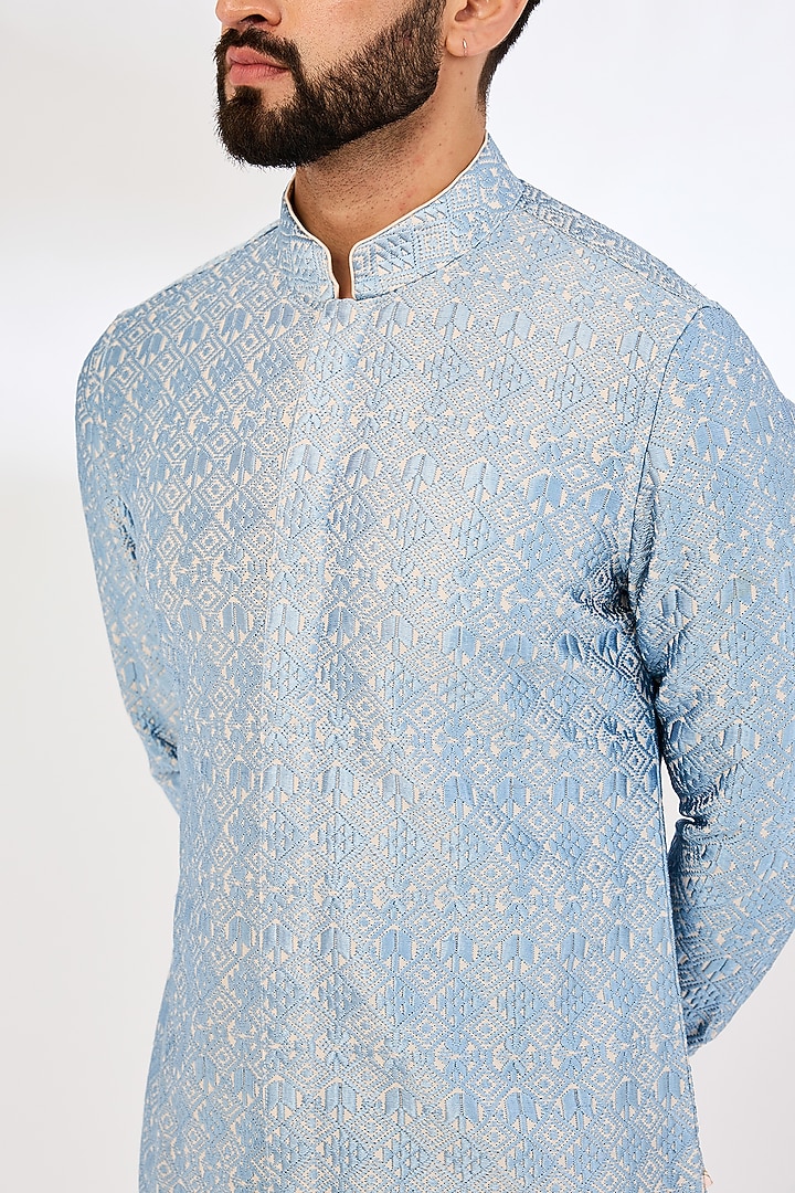 Powder Pink & Teal Chanderi Silk & Inara Viscose Printed Kurta Set by ARJAN DUGAL at Pernia's Pop Up Shop