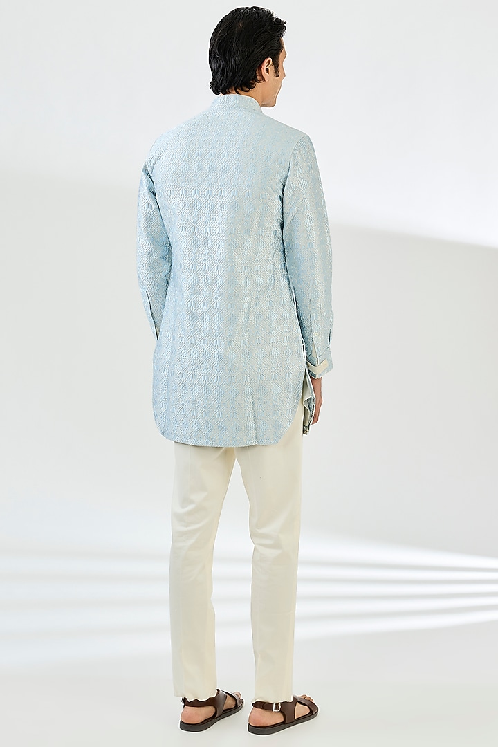 Powder Blue Chanderi Silk Printed Kurta Set by ARJAN DUGAL at Pernia's Pop Up Shop
