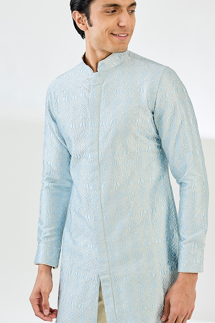 Powder Blue Chanderi Silk Printed Kurta Set by ARJAN DUGAL at Pernia's Pop Up Shop