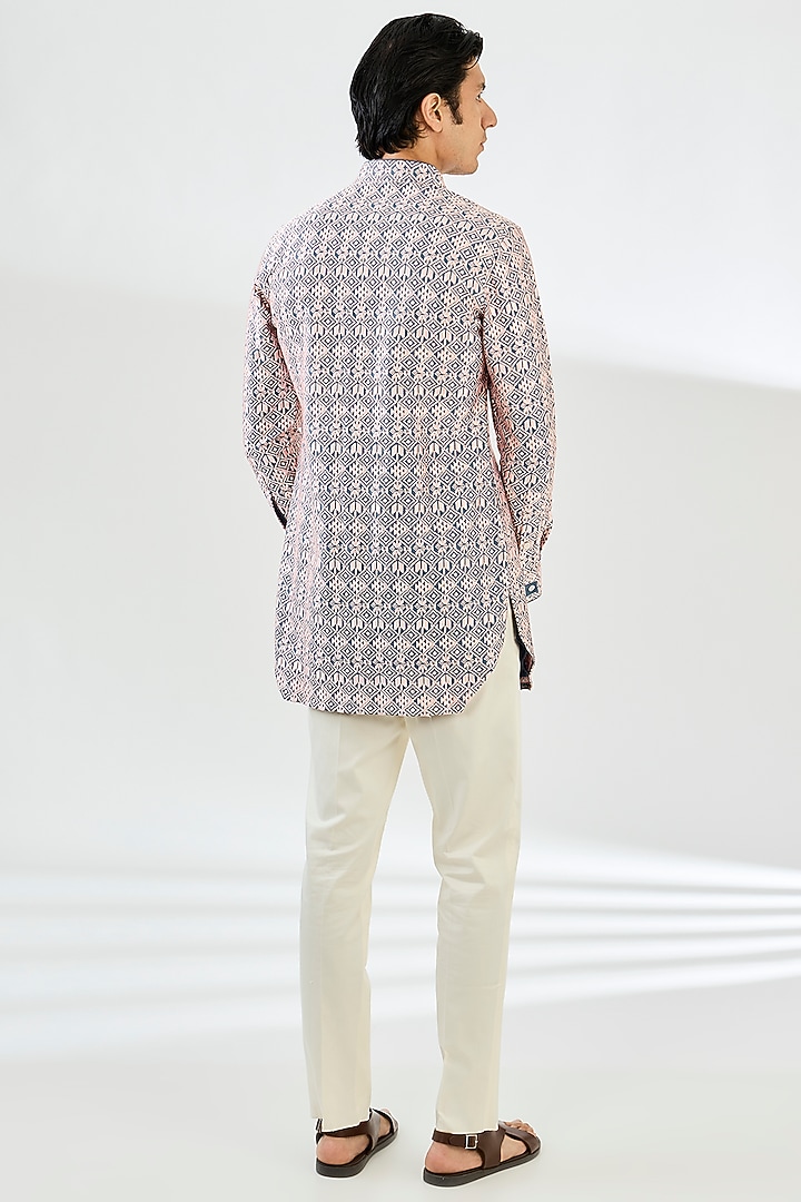Powder Pink & Teal Chanderi Silk Printed Kurta Set by ARJAN DUGAL at Pernia's Pop Up Shop