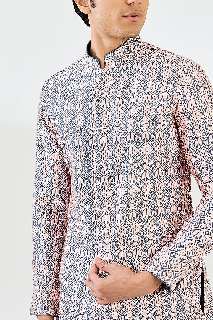 Powder Pink & Teal Chanderi Silk Printed Kurta Set by ARJAN DUGAL at Pernia's Pop Up Shop