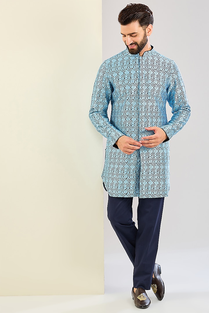 Navy Blue Chanderi Silk & Inara Viscose Kurta Set by ARJAN DUGAL