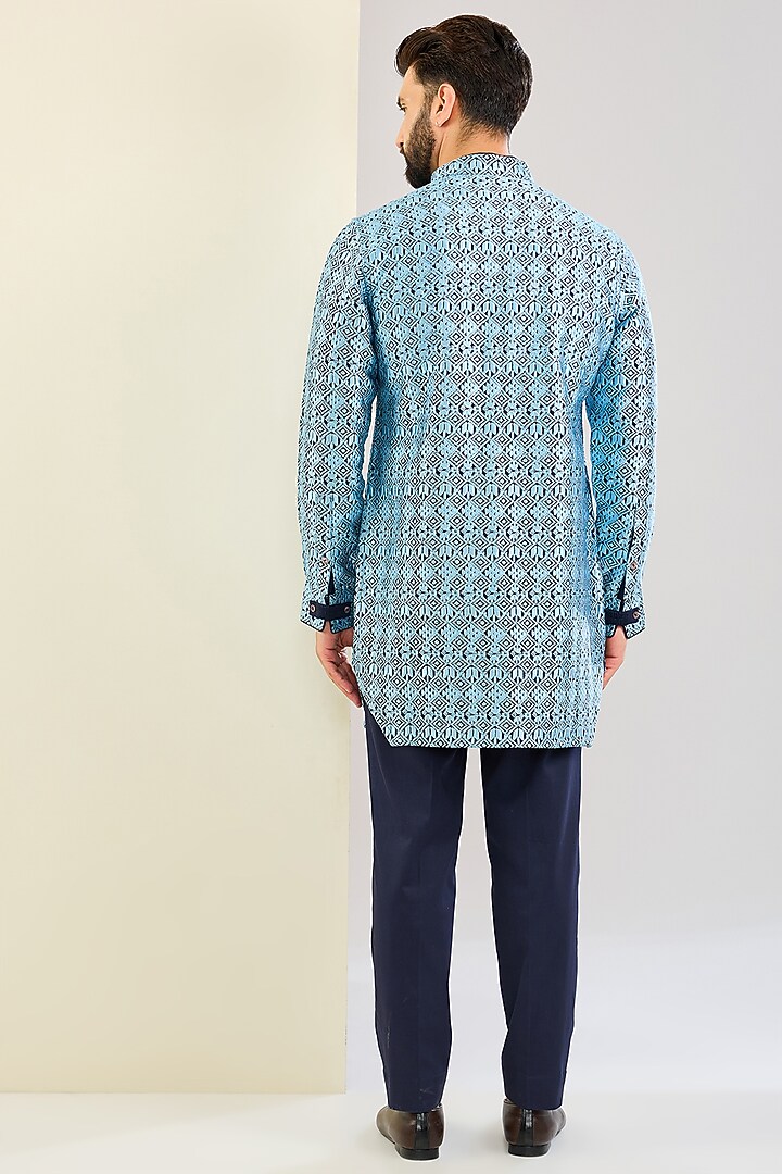 Navy Blue Chanderi Silk & Inara Viscose Kurta Set by ARJAN DUGAL at Pernia's Pop Up Shop