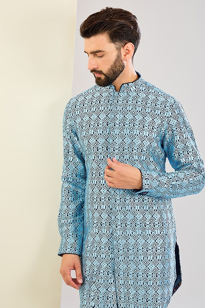 Navy Blue Chanderi Silk & Inara Viscose Kurta Set by ARJAN DUGAL at Pernia's Pop Up Shop