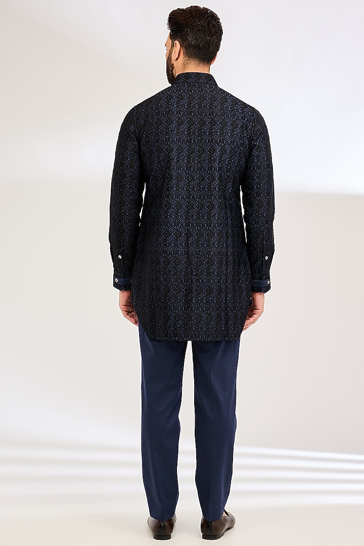 Black Chanderi Silk & Inara Viscose Printed Kurta Set by ARJAN DUGAL at Pernia's Pop Up Shop