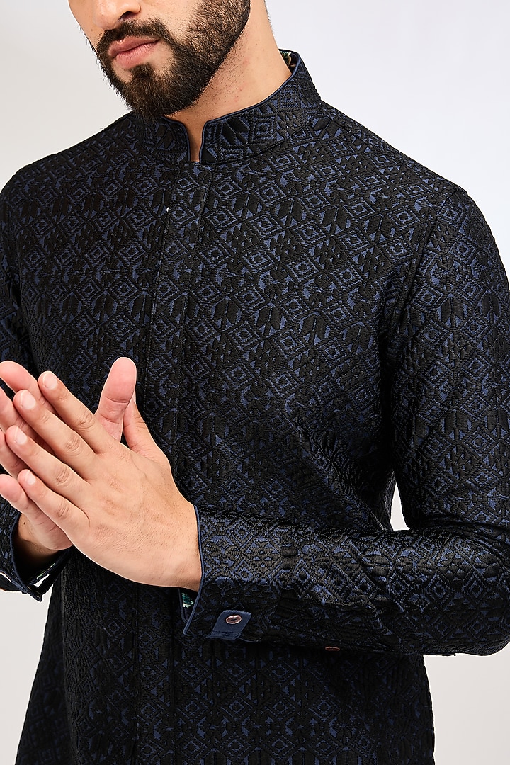 Black Chanderi Silk & Inara Viscose Printed Kurta Set by ARJAN DUGAL at Pernia's Pop Up Shop