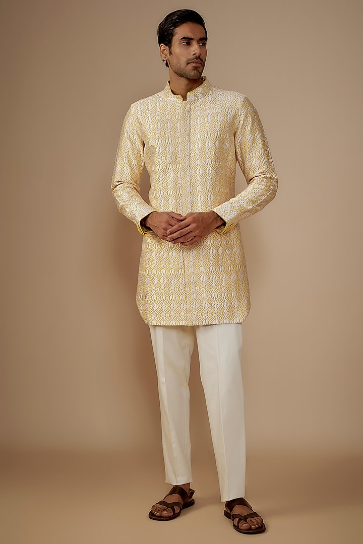 Mango Yellow Silk Embroidered Kurta Set by ARJAN DUGAL