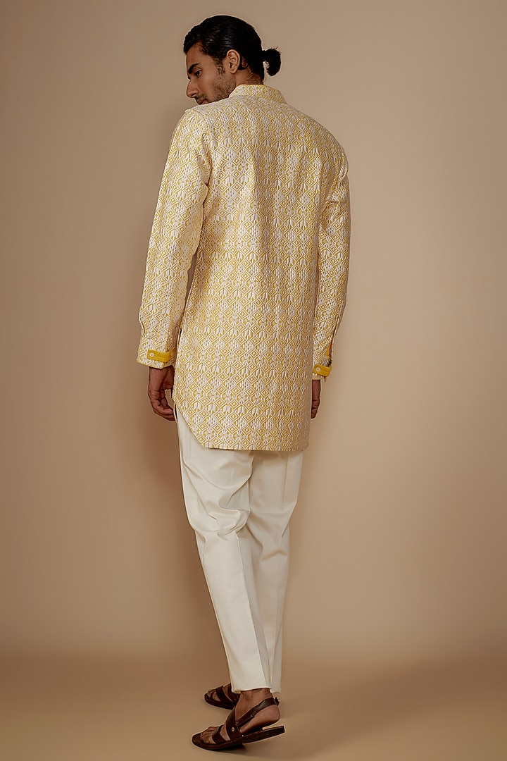 Mango Yellow Silk Embroidered Kurta Set by ARJAN DUGAL at Pernia's Pop Up Shop