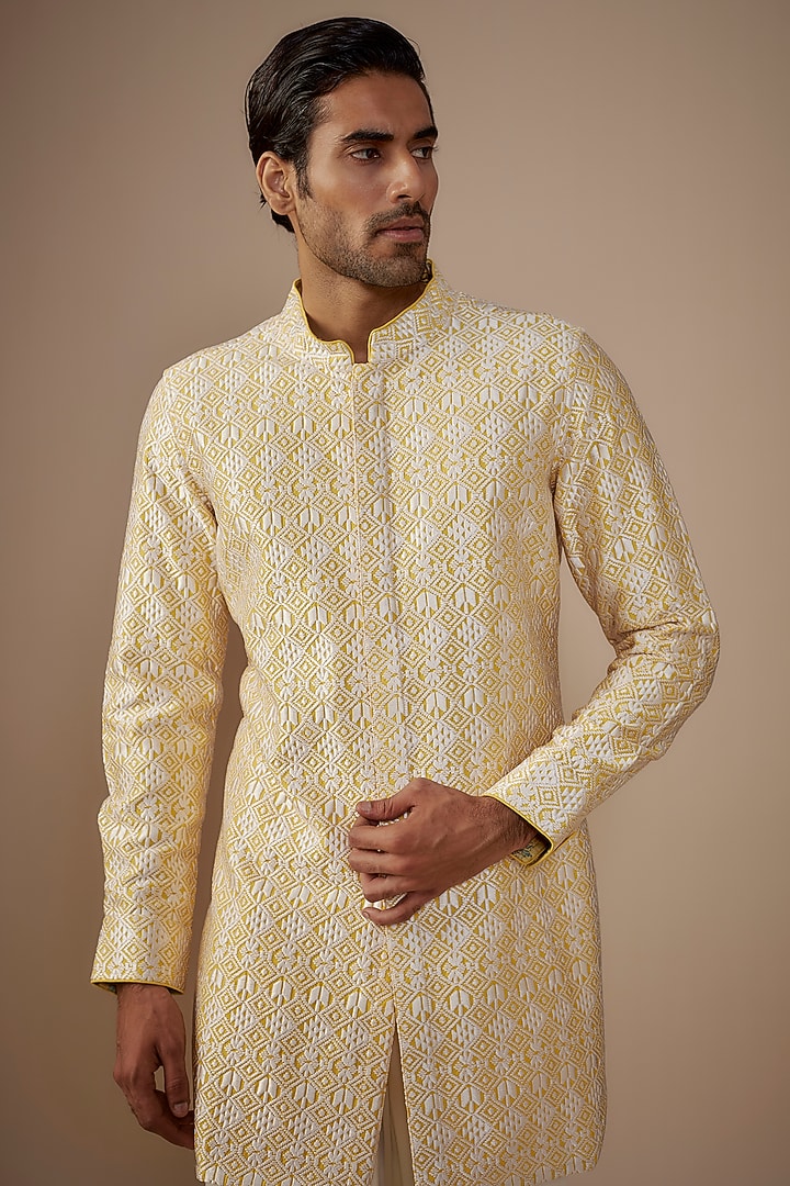 Mango Yellow Silk Embroidered Kurta Set by ARJAN DUGAL at Pernia's Pop Up Shop