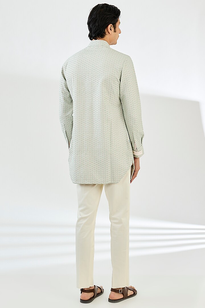 Sea Green & Pink Chanderi Silk Thread Embroidered Kurta Set by ARJAN DUGAL at Pernia's Pop Up Shop