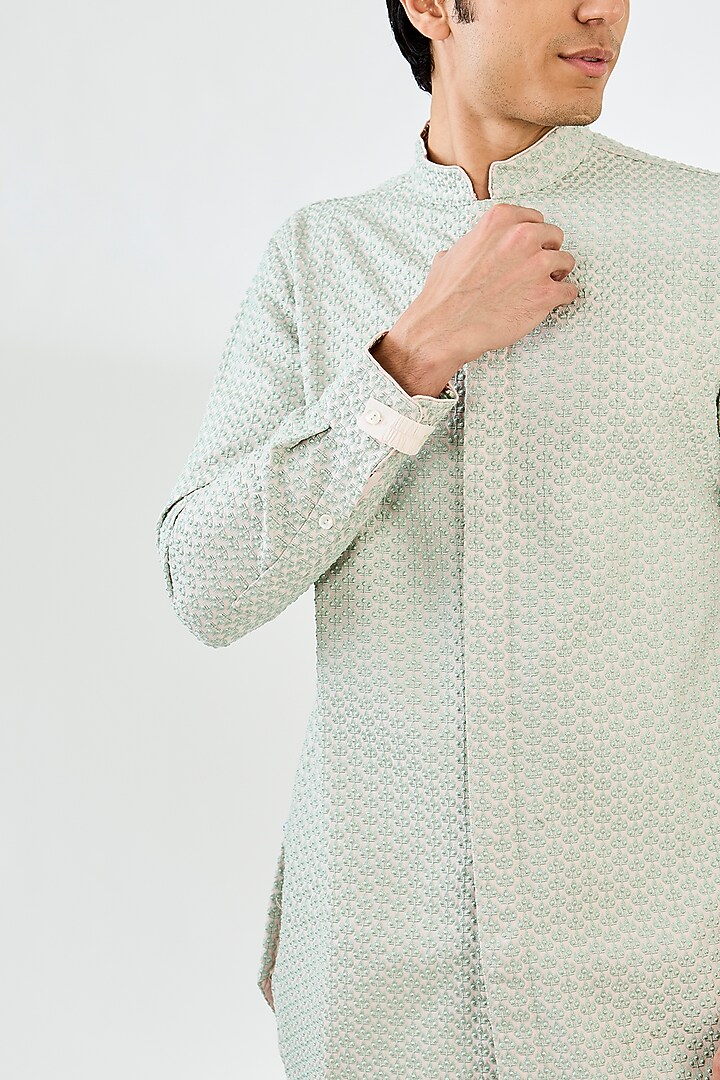 Sea Green & Pink Chanderi Silk Thread Embroidered Kurta Set by ARJAN DUGAL at Pernia's Pop Up Shop