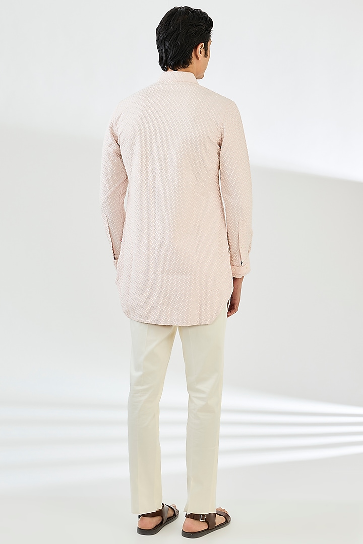 Powder Pink & Ivory Chanderi Silk Thread Embroidered Kurta Set by ARJAN DUGAL at Pernia's Pop Up Shop