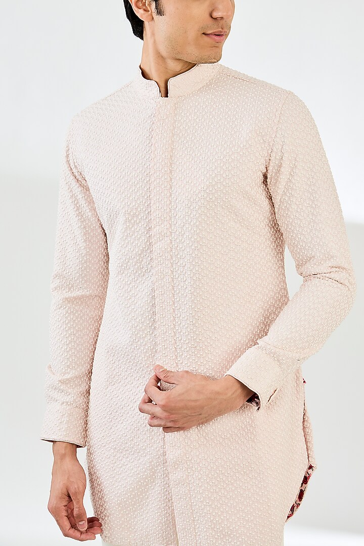 Powder Pink & Ivory Chanderi Silk Thread Embroidered Kurta Set by ARJAN DUGAL at Pernia's Pop Up Shop