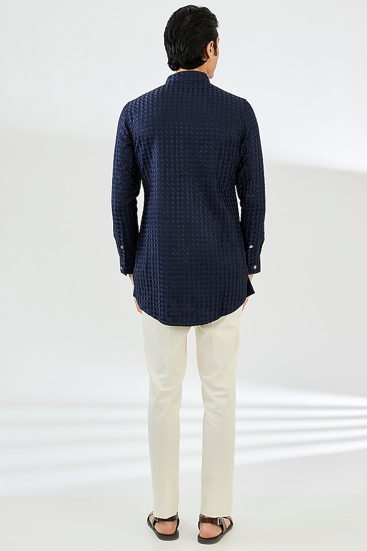 Navy Blue Chanderi Silk Printed Short Kurta Set by ARJAN DUGAL at Pernia's Pop Up Shop