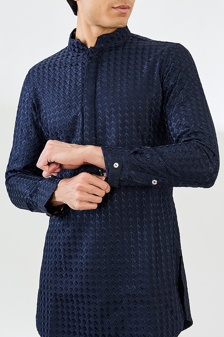 Navy Blue Chanderi Silk Printed Short Kurta Set by ARJAN DUGAL at Pernia's Pop Up Shop