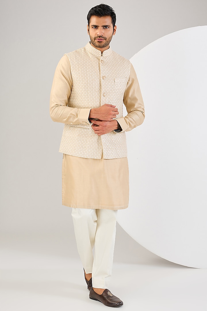 Champagne Chanderi Silk Thread Embroidered Bundi Jacket Set by ARJAN DUGAL