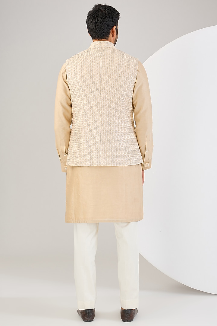 Champagne Chanderi Silk Thread Embroidered Bundi Jacket Set by ARJAN DUGAL at Pernia's Pop Up Shop