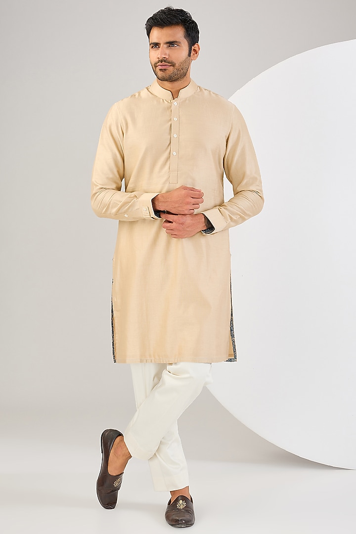 Champagne Chanderi Silk Thread Embroidered Bundi Jacket Set by ARJAN DUGAL at Pernia's Pop Up Shop