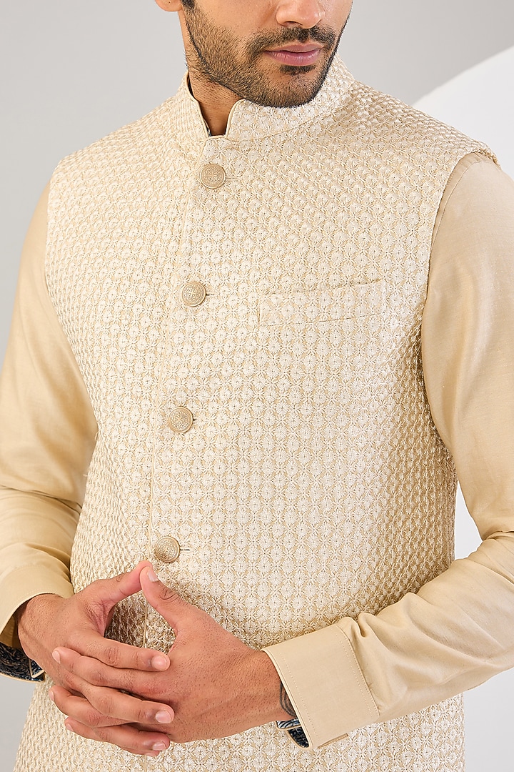Champagne Chanderi Silk Thread Embroidered Bundi Jacket Set by ARJAN DUGAL at Pernia's Pop Up Shop