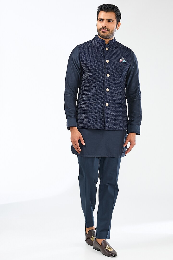 Navy Blue Chanderi Silk Thread Embroidered Bundi Jacket Set by ARJAN DUGAL