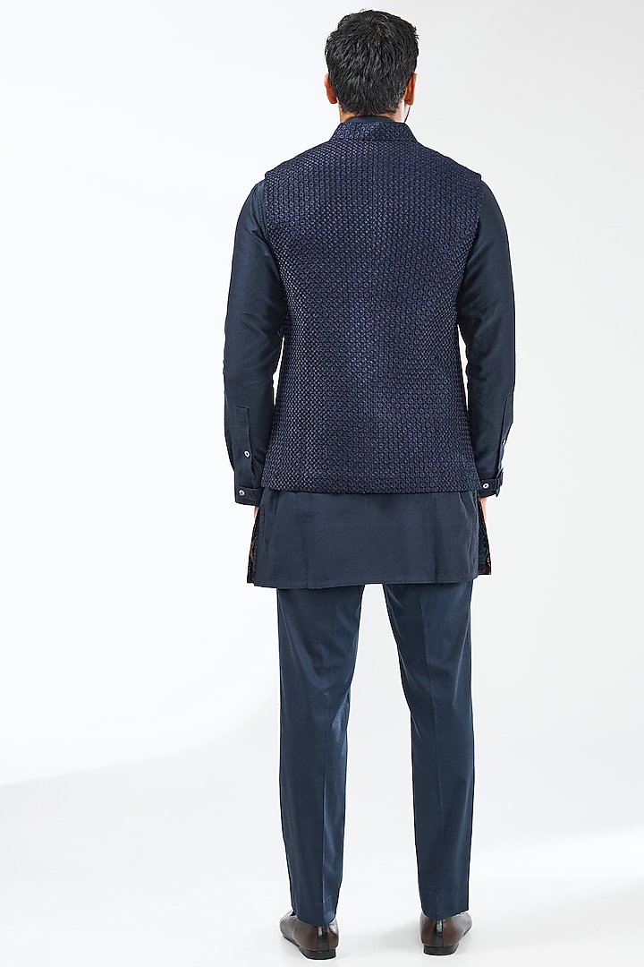 Navy Blue Chanderi Silk Thread Embroidered Bundi Jacket Set by ARJAN DUGAL at Pernia's Pop Up Shop