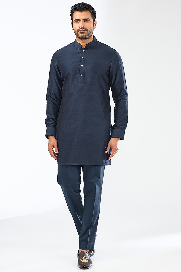 Navy Blue Chanderi Silk Thread Embroidered Bundi Jacket Set by ARJAN DUGAL at Pernia's Pop Up Shop