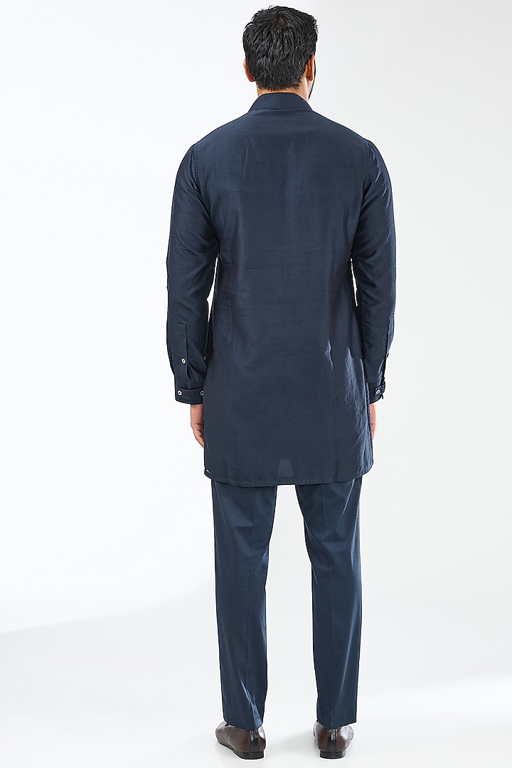 Navy Blue Chanderi Silk Thread Embroidered Bundi Jacket Set by ARJAN DUGAL at Pernia's Pop Up Shop