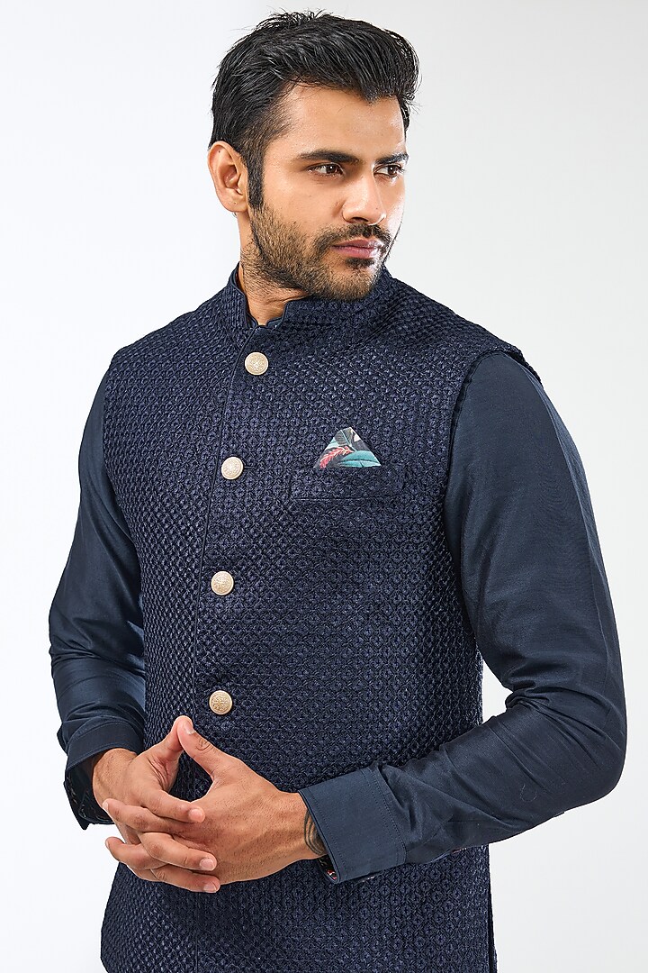 Navy Blue Chanderi Silk Thread Embroidered Bundi Jacket Set by ARJAN DUGAL at Pernia's Pop Up Shop