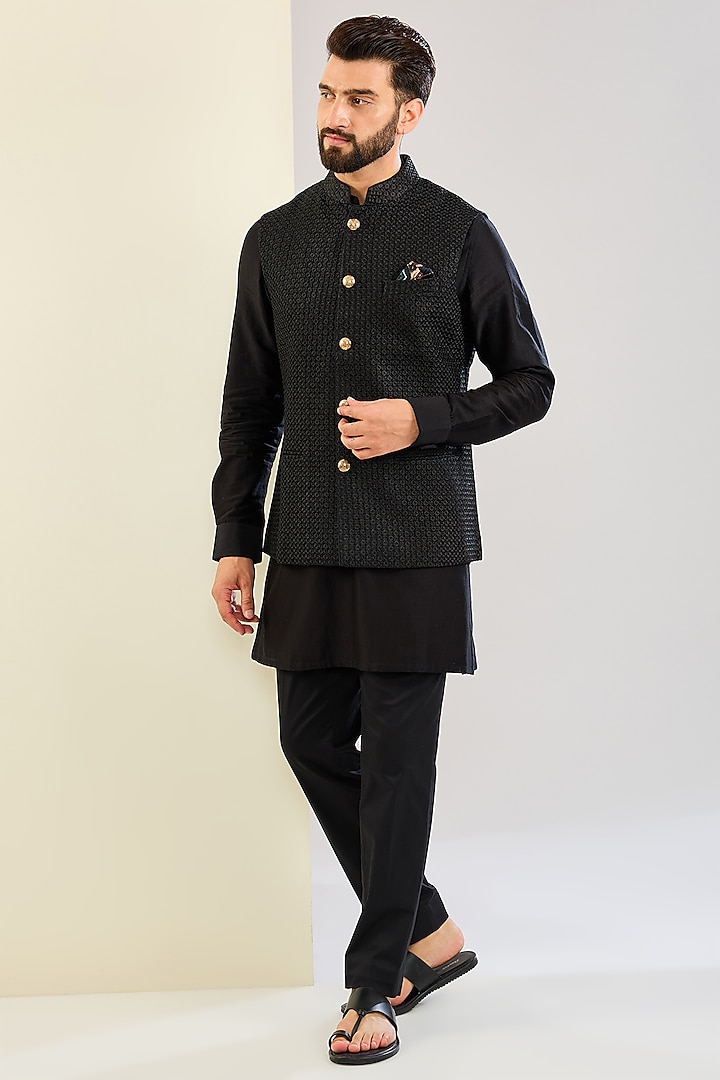 Black Chanderi Silk Thread Embroidered Bundi Jacket Set by ARJAN DUGAL