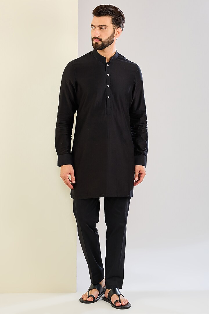 Black Chanderi Silk Thread Embroidered Bundi Jacket Set by ARJAN DUGAL at Pernia's Pop Up Shop