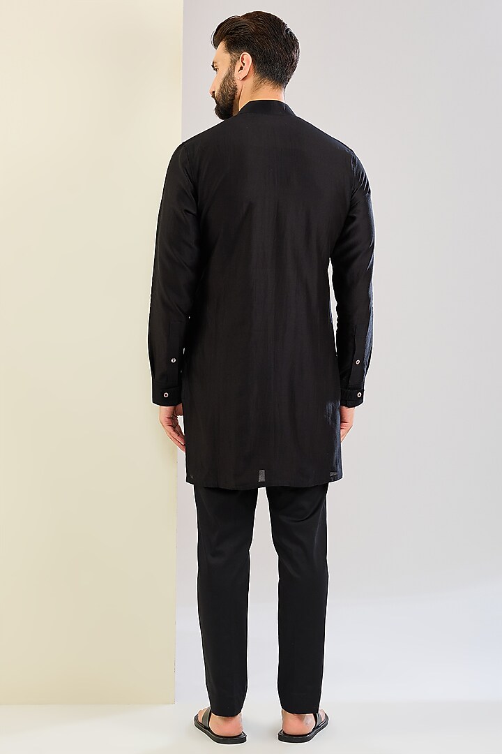 Black Chanderi Silk Thread Embroidered Bundi Jacket Set by ARJAN DUGAL at Pernia's Pop Up Shop