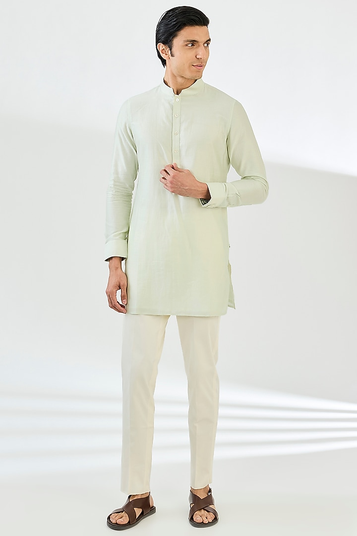 Sea Green Chanderi Silk Motif Printed Nehru Set by ARJAN DUGAL at Pernia's Pop Up Shop