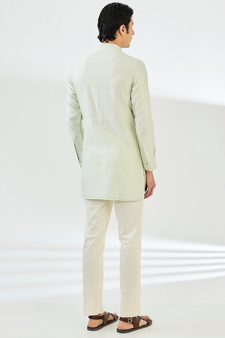 Sea Green Chanderi Silk Motif Printed Nehru Set by ARJAN DUGAL at Pernia's Pop Up Shop