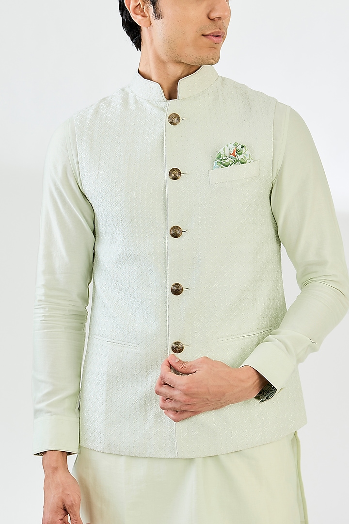 Sea Green Chanderi Silk Motif Printed Nehru Set by ARJAN DUGAL at Pernia's Pop Up Shop
