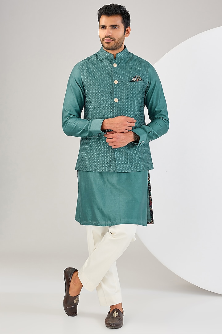 Dark Teal Chanderi Silk Thread Embroidered Bundi Jacket Set by ARJAN DUGAL