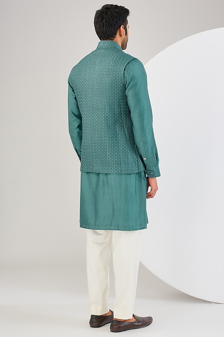 Dark Teal Chanderi Silk Thread Embroidered Bundi Jacket Set by ARJAN DUGAL at Pernia's Pop Up Shop