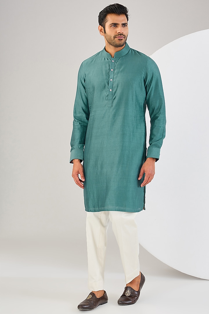 Dark Teal Chanderi Silk Thread Embroidered Bundi Jacket Set by ARJAN DUGAL at Pernia's Pop Up Shop