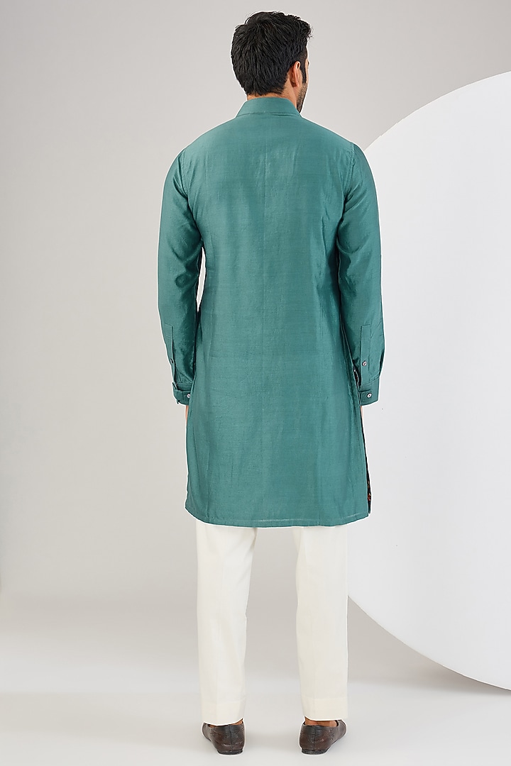 Dark Teal Chanderi Silk Thread Embroidered Bundi Jacket Set by ARJAN DUGAL at Pernia's Pop Up Shop
