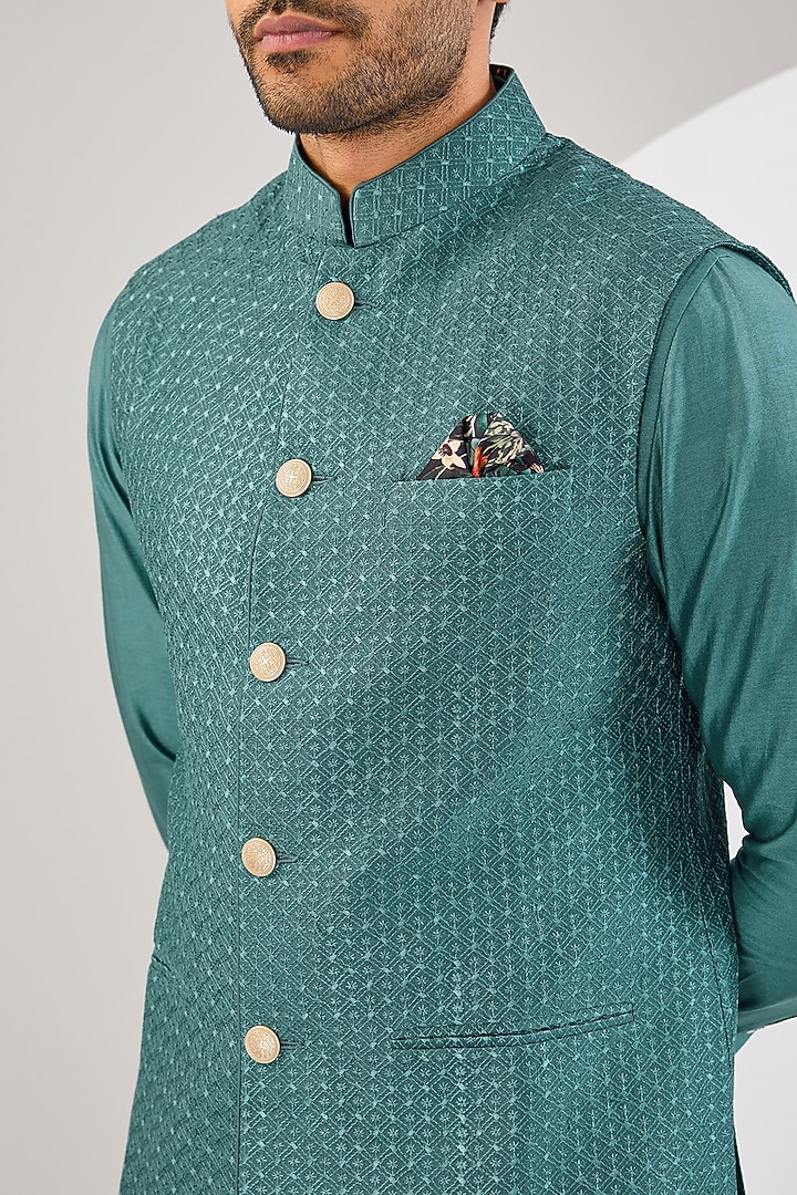 Dark Teal Chanderi Silk Thread Embroidered Bundi Jacket Set by ARJAN DUGAL at Pernia's Pop Up Shop