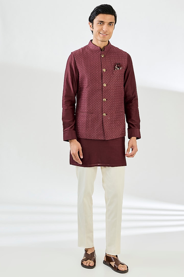 Burgundy Chanderi Silk Motif Printed Nehru Set by ARJAN DUGAL at Pernia's Pop Up Shop