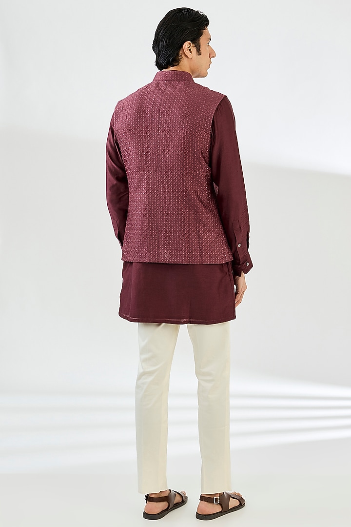 Burgundy Chanderi Silk Motif Printed Nehru Set by ARJAN DUGAL at Pernia's Pop Up Shop