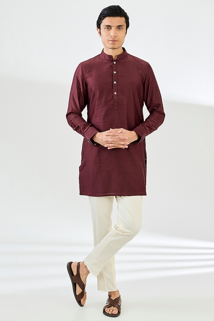 Burgundy Chanderi Silk Motif Printed Nehru Set by ARJAN DUGAL at Pernia's Pop Up Shop